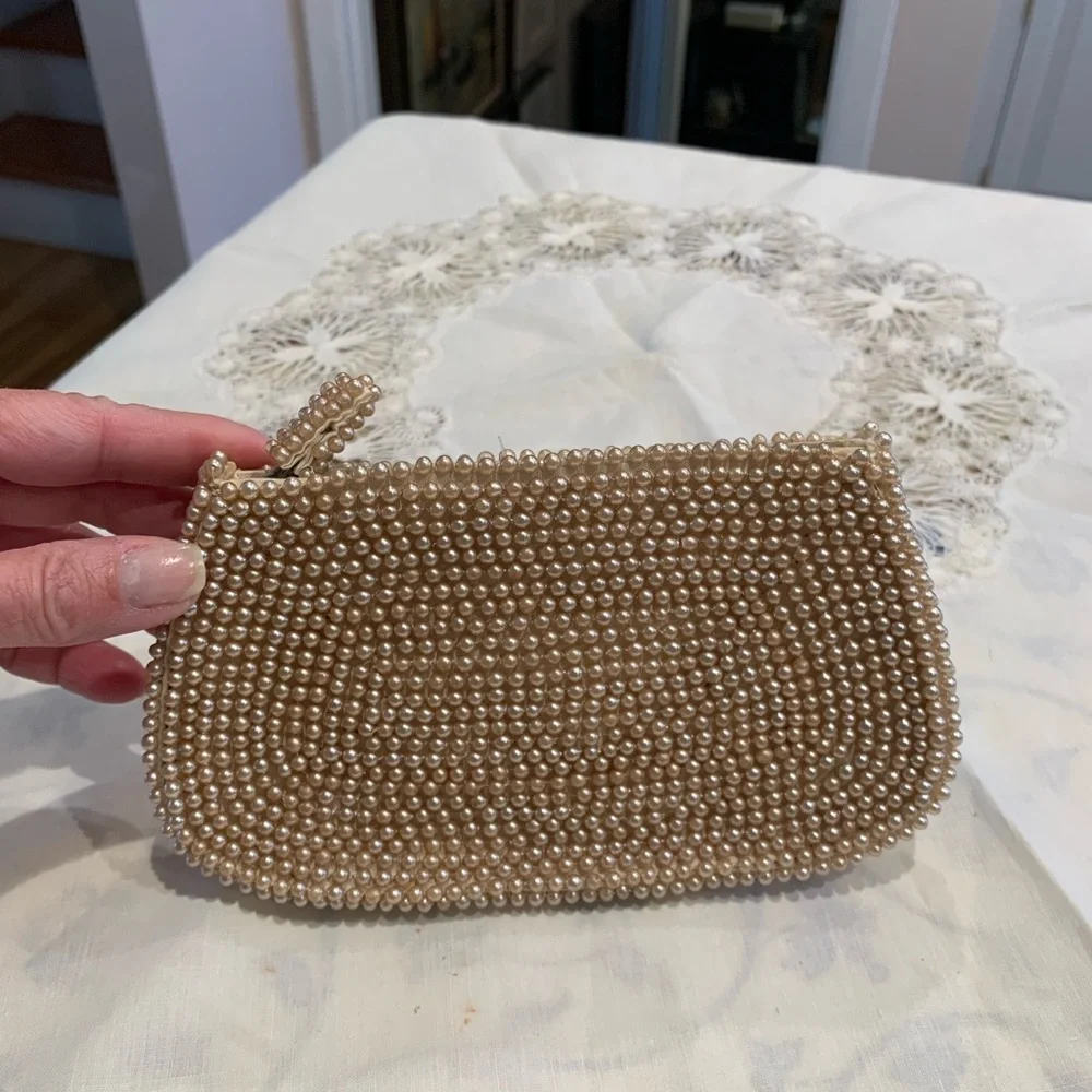 Vintage Pearl-Embellished Tan Clutch